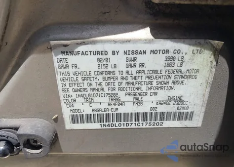 2001 Nissan Altima Gxe from USA, damaged, VIN 1N4DL01D71C175202
